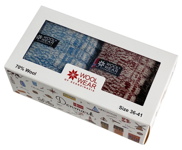 Wollsocken Geschenkbox hellblau/rot 36/41